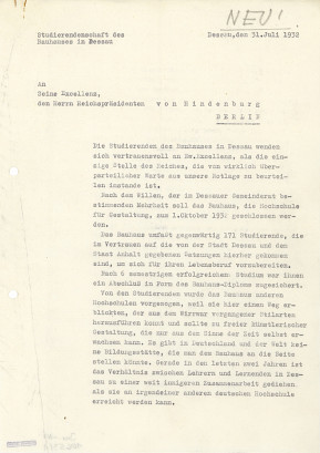 Bittschrift der Studierendenschaft des Bauhaus Dessau an den Reichspräsidenten von Hindenburg wegen der Schließung des Bauhauses, 31. Juli 1932, 3 Blatt, Bauhaus-Archiv Berlin