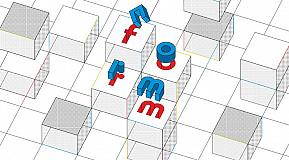 Grafik mit Würfeln und roten und blauen Buchstaben im Raum