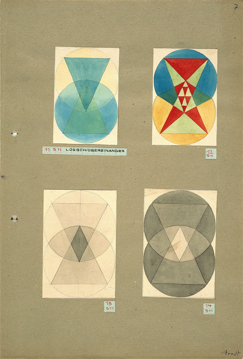 Gertrud Arndt, „Four study sheets from Paul Klee’s course: (11–14), Logical / superimposed”, 1923-1924 / Bauhaus-Archiv Berlin, permanent loan, photo: Markus Hawlik, © VG Bild-Kunst Bonn