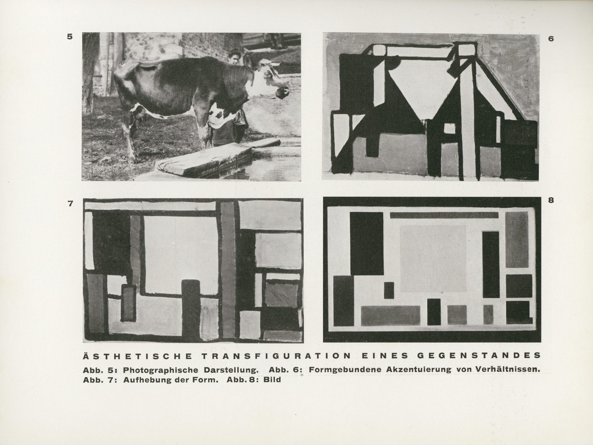 Zweifache Darstellung: Oben Fotos von einer Kuh und einem Gebäude, unten abstrakte geometrische Kompositionen.