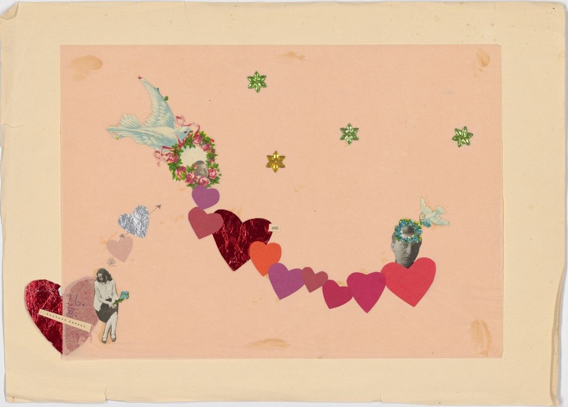 Collage aus Herzformen, Sternen und botanischen Elementen auf rosa Hintergrund. Kreativ und verspielt.