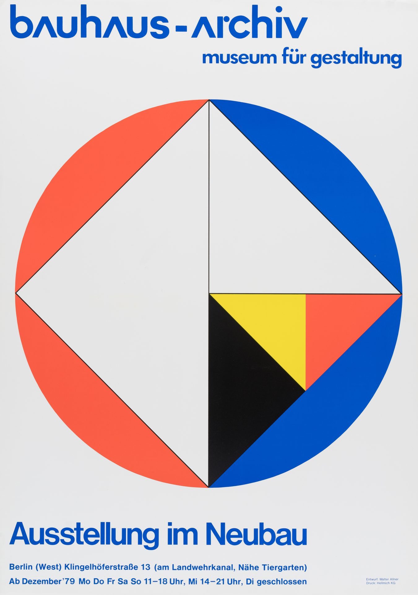 Bauhaus Archive poster featuring geometric shapes in red, blue, black, and white, announcing an exhibition.