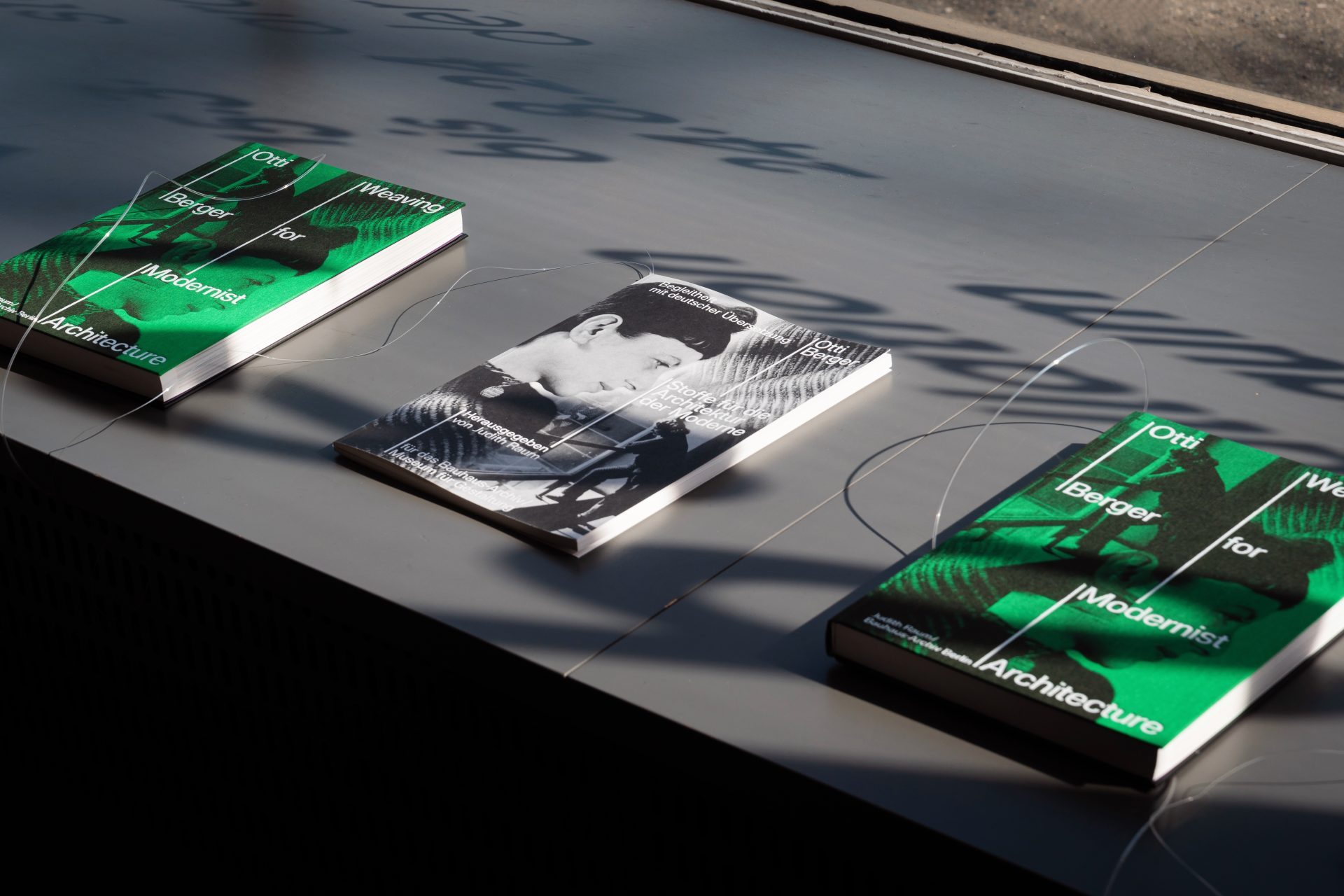 Foto von drei Büchern mit grünen und schwarzen Covern, die bei Sonnenlicht angekettet im Schaufenster liegen.