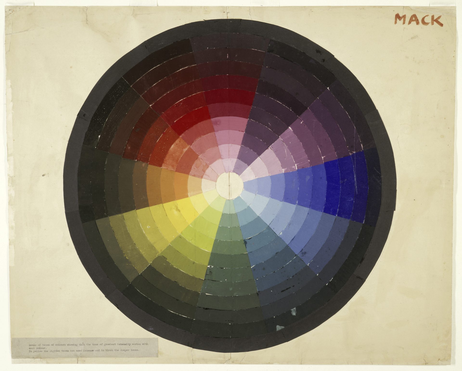 Color wheel with concentric shades of red, yellow, green, blue, and violet on a neutral background.