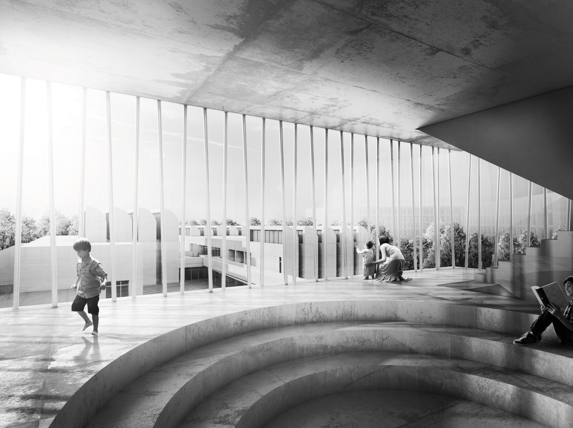 Offener Innenraum eines Wettbewerbsentwurfs für das Bauhaus-Archiv mit großen vertikalen Fenstern, gewölbter Sitzstufenstruktur und Personen, darunter ein Kind und sitzende Erwachsene.