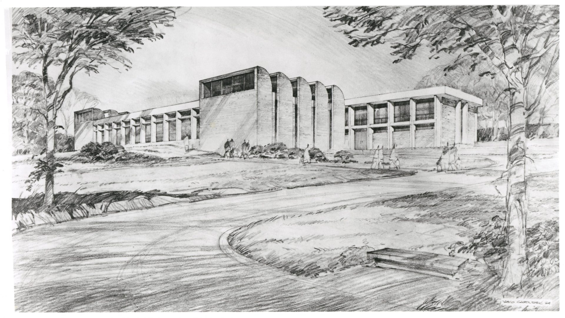 Sketch of a modern building with a curved driveway, surrounded by trees and green spaces.