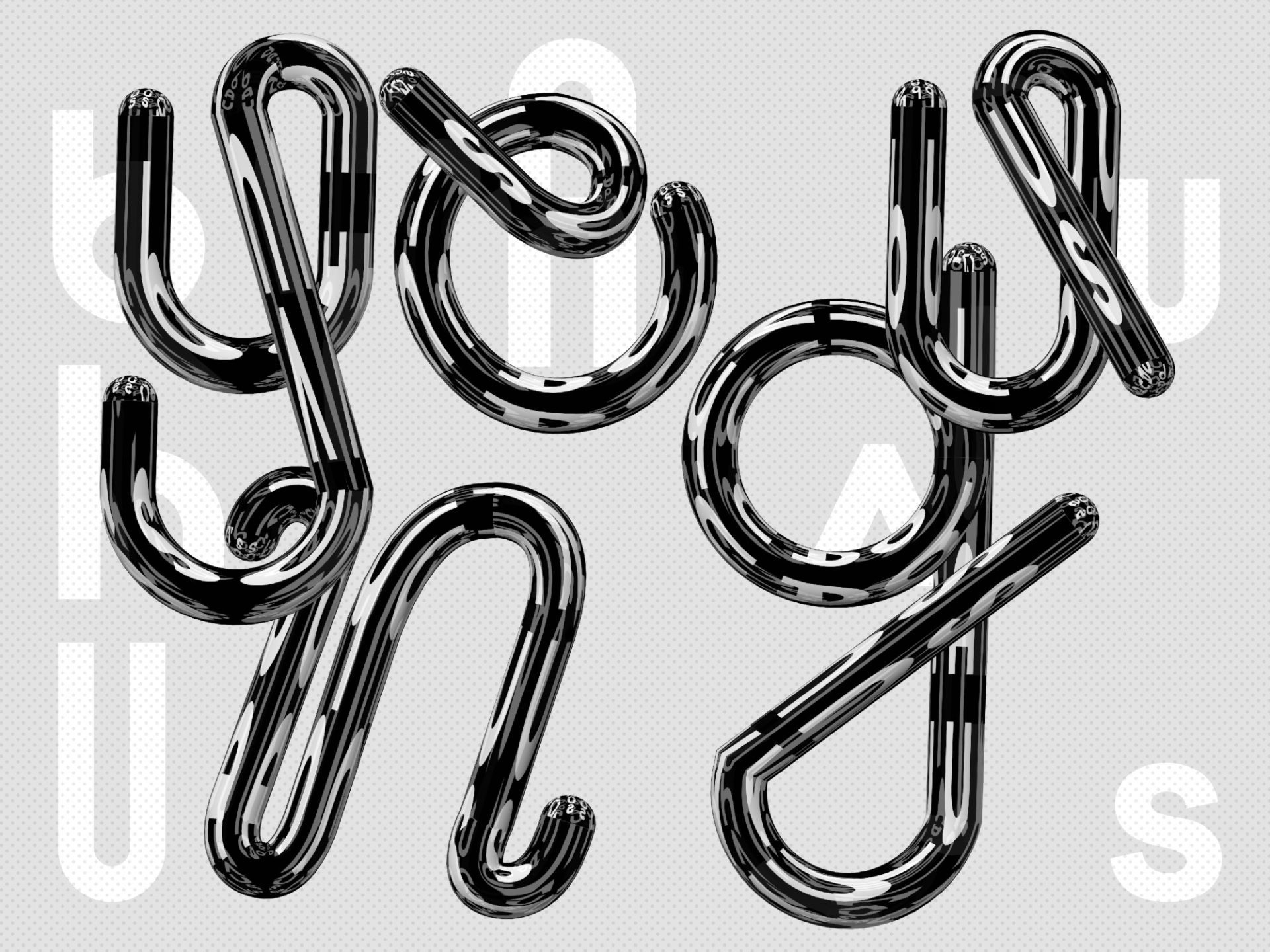 Black, shiny lines in an ornate design on a light background with repeating letters.