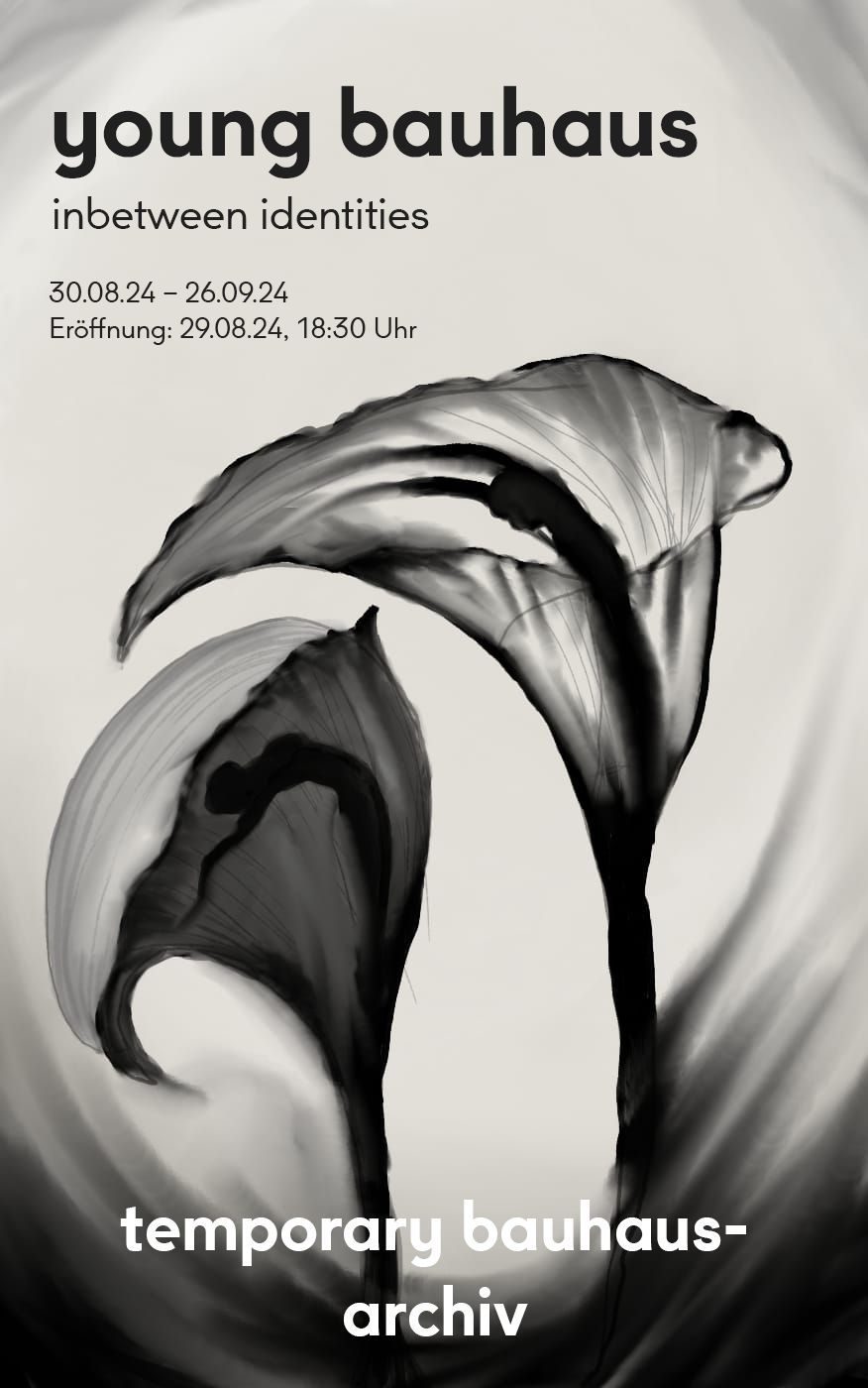 Ein Poster zur Ausstellung "young bauhaus. inbetween identities" mit zwei Orchideenblüten, in denen Personen zu sehen sind.
