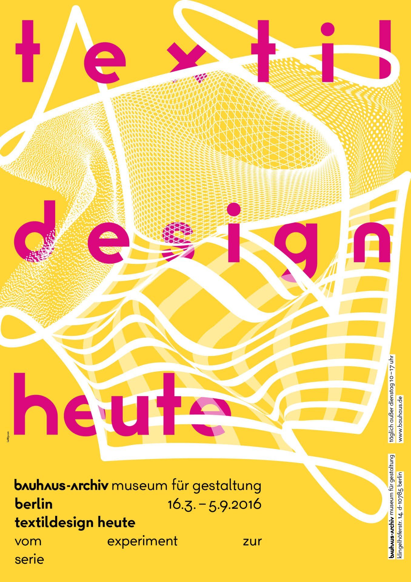 Poster for the exhibition "Textile Design Today" at the Bauhaus Archive Berlin, featuring colorful graphics and modern typography.