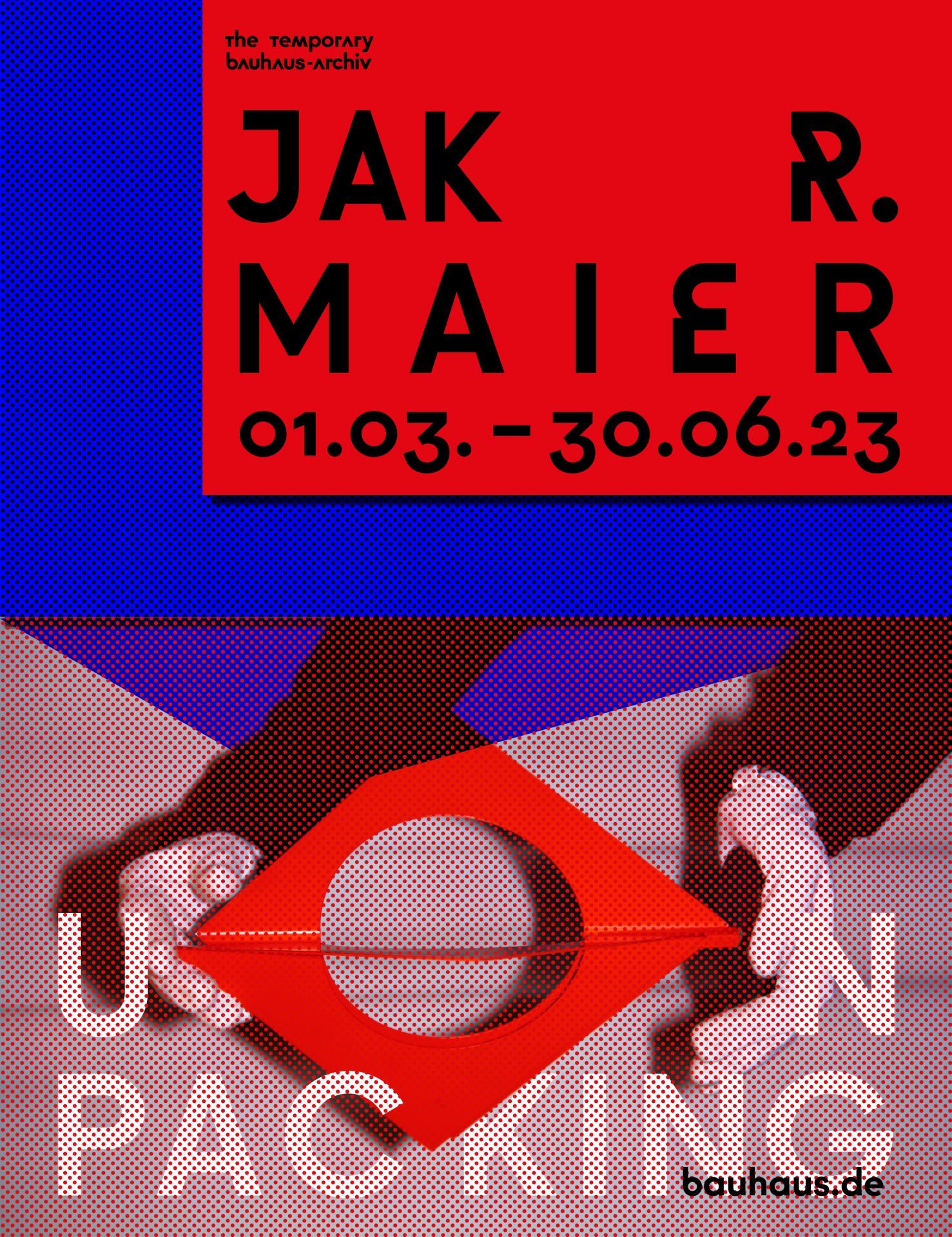 Plakat zur Ausstellung "Jak R. Maier" vom 01.03. bis 30.06.23, vereint geometrische Formen und künstlerische Elemente.