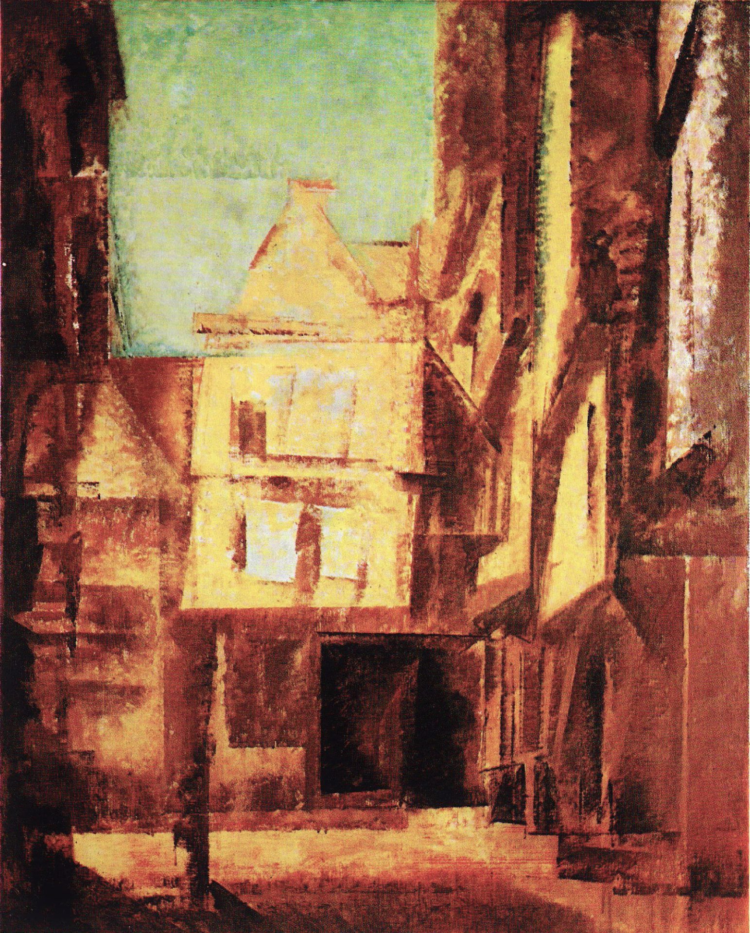 Cityscape with buildings in warm earth tones and a bright sky in the background, abstracted composition.
