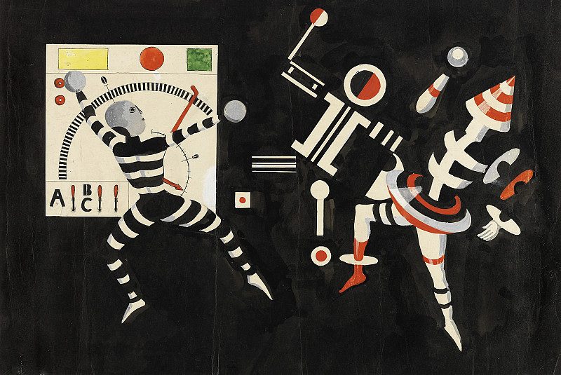 Abstract illustration of two humanoid figures in futuristic suits, accompanied by geometric shapes and symbols.