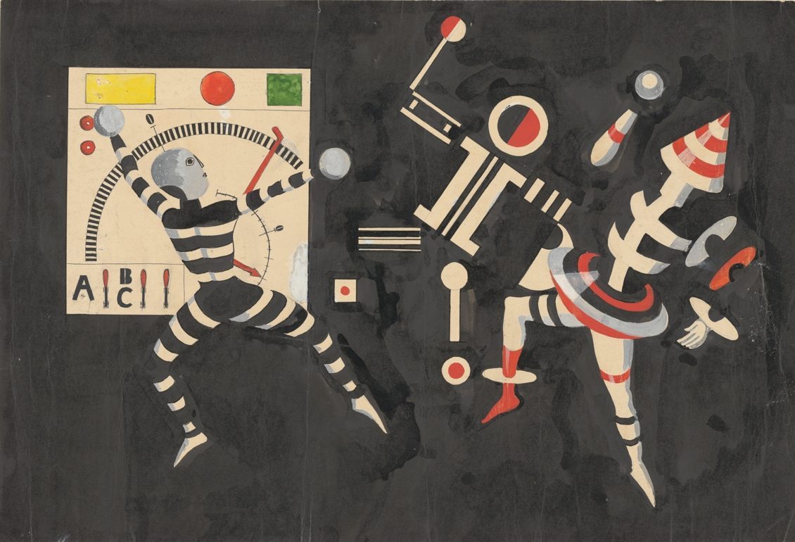 Abstract illustration featuring geometric shapes, a checkerboard figure, and a dynamic, stylized figure.