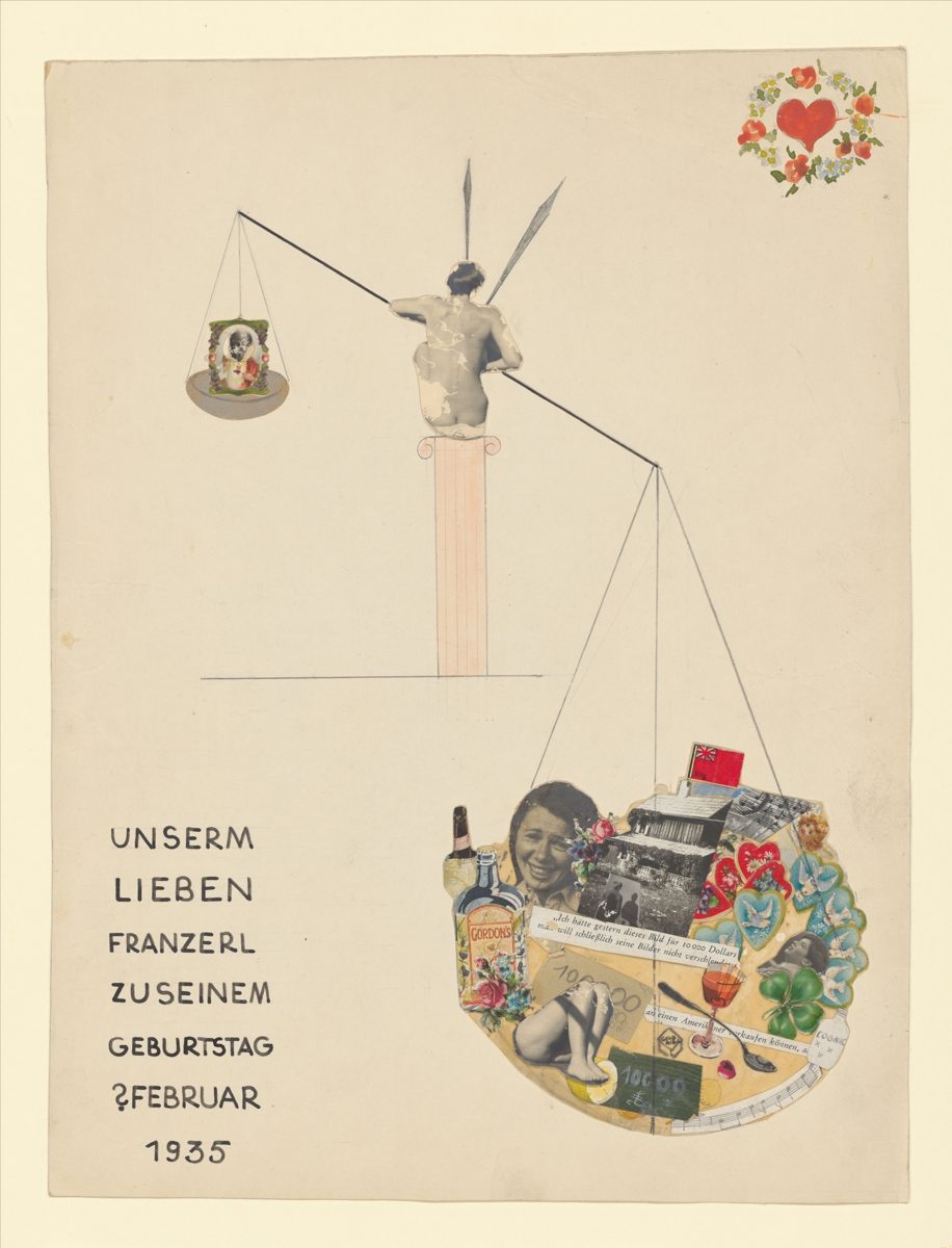 Grafik für einen Geburtstag mit Illustrationen, Text und Waage-Motiv. Zweimal „Franz“ als zentrales Element.