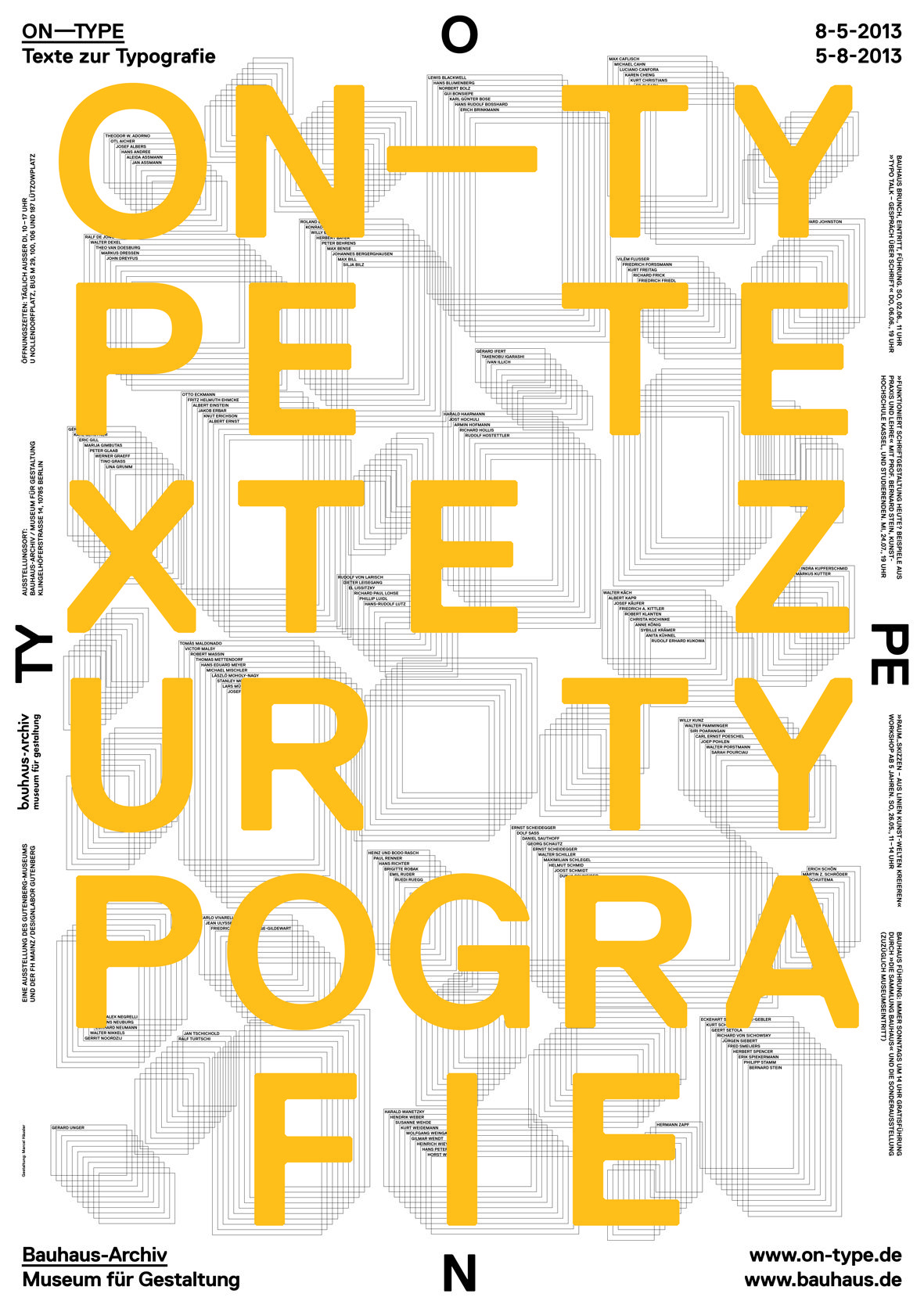 Plakat zur Typografie mit großem gelben Text und geometrischen Mustern.