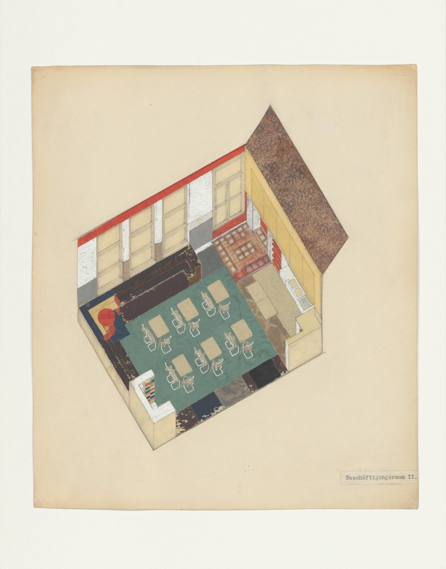 Isometric depiction of a classroom with tables, chairs, and a teacher's desk against one wall.