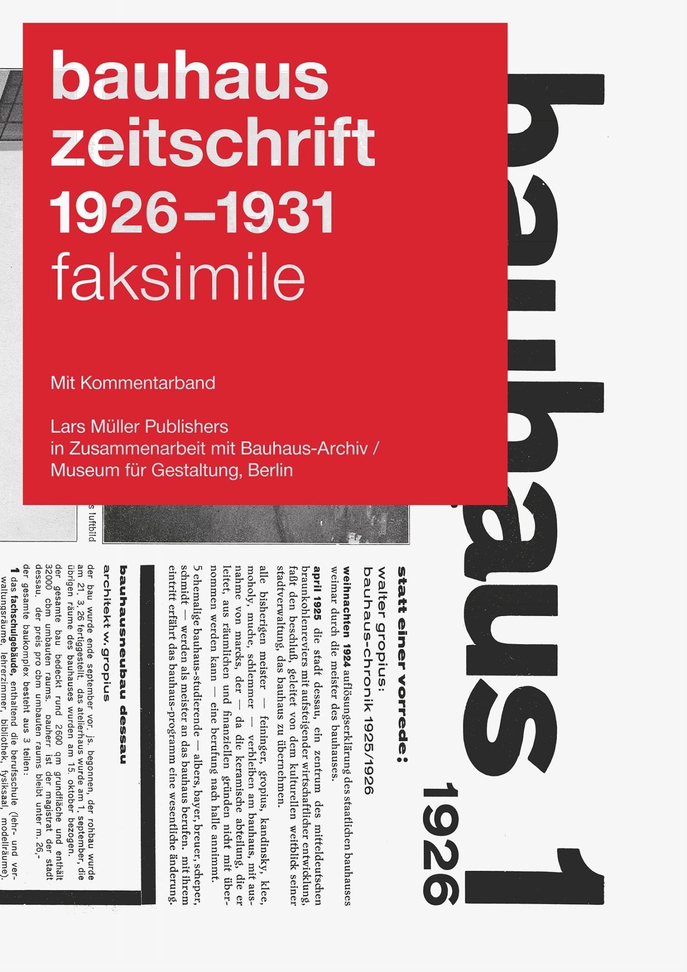 Cover of the Bauhaus magazine 1926-1931, featuring a red title and facsimiled texts.
