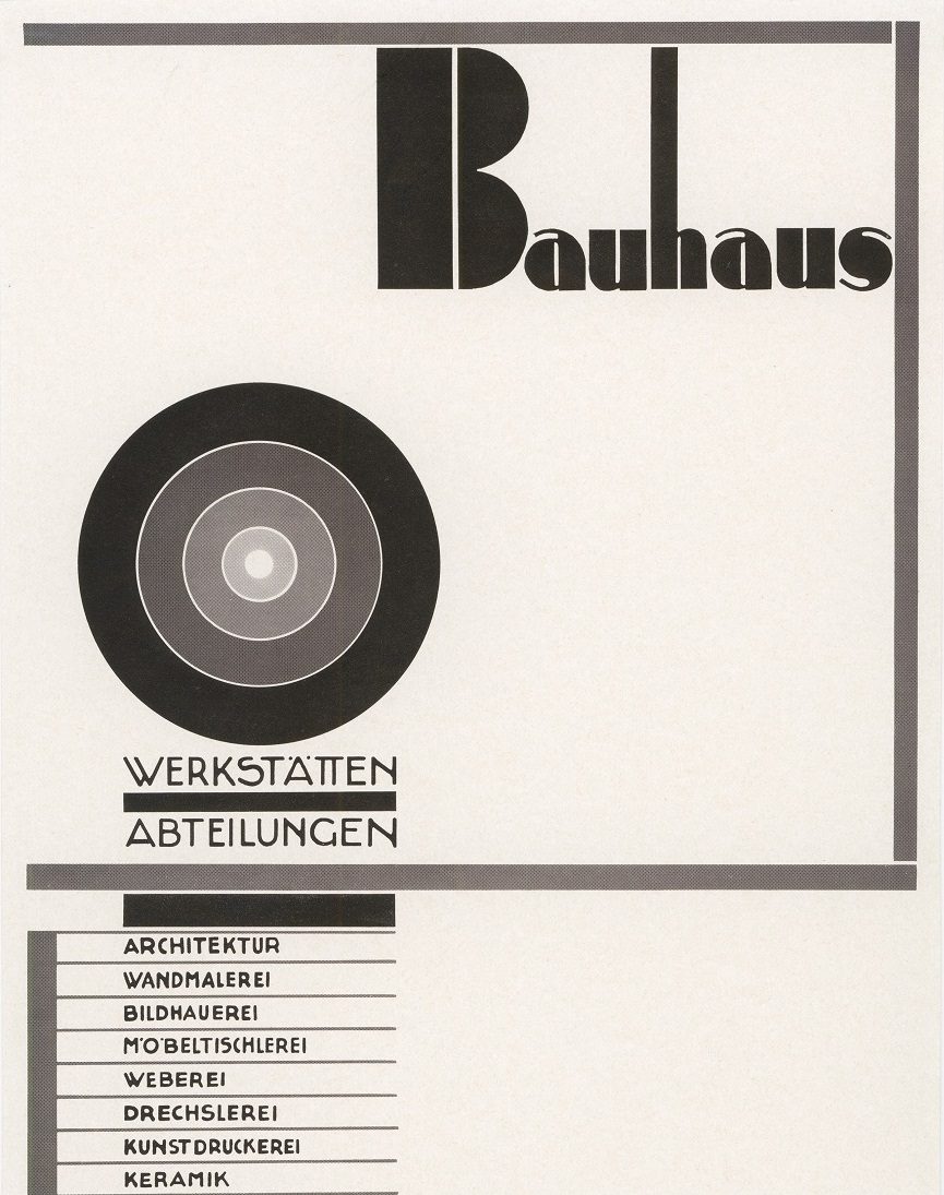 Grafische Darstellung des Bauhauses in Schwarz-Weiß, inklusive Architektur, Malerei und Keramik.