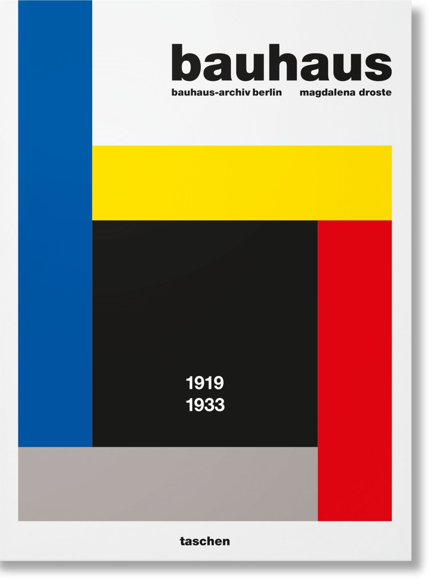 Bauhaus book cover with geometric colors and the years 1919-1933, designed by Taschen and Magdalena Droste.