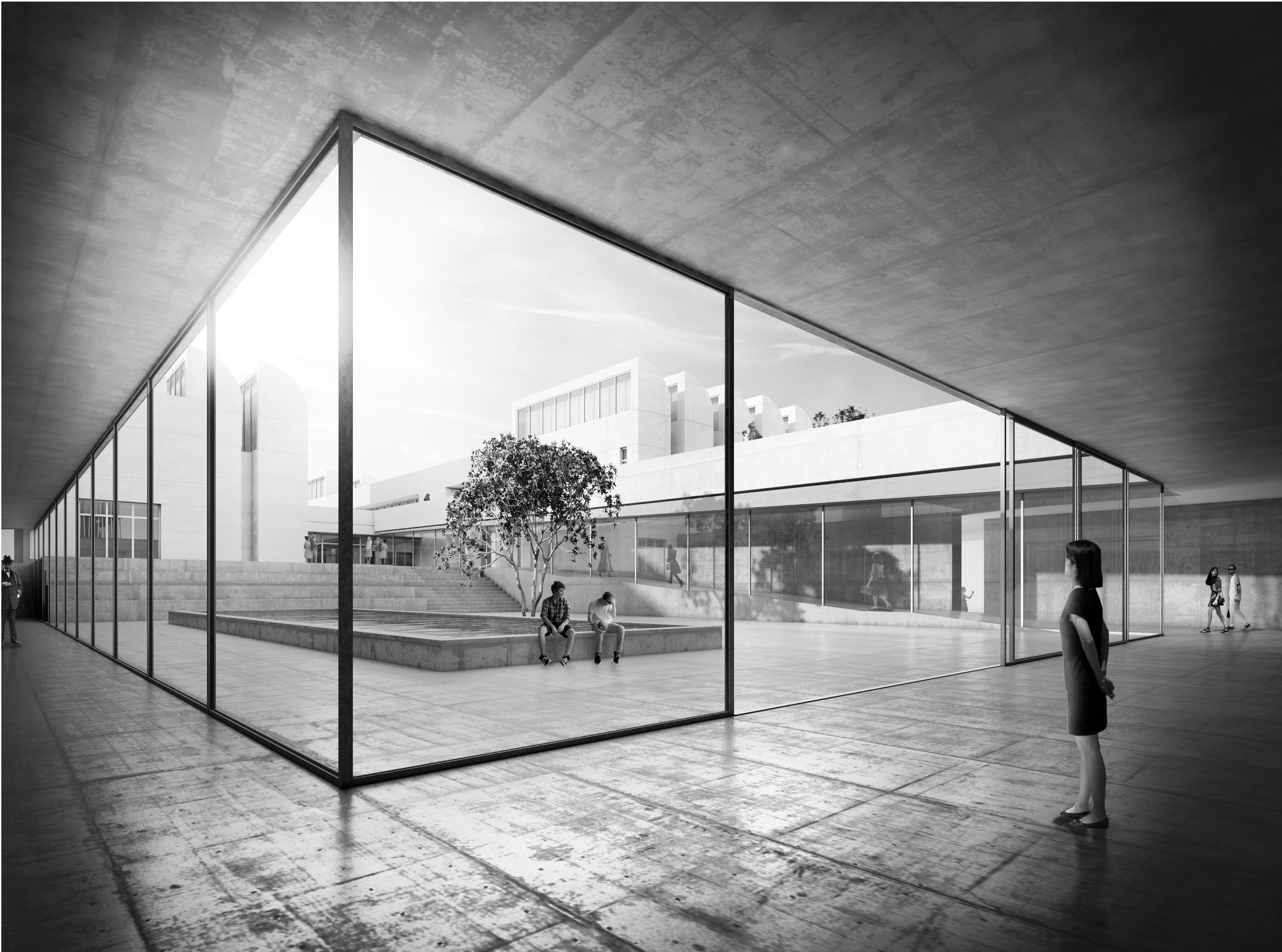Moderne Architektur mit großem Glasbereich, Innenhof und Personen, die den Raum erkunden. Schwarz-Weiß-Bild.