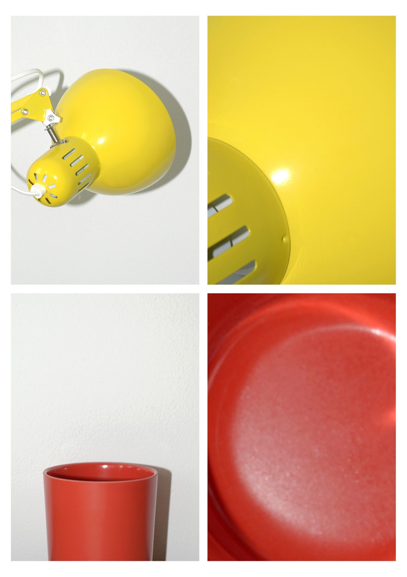 Gelbe Lampe und rotes Gefäß aus verschiedenen Perspektiven auf hellem, neutralem Hintergrund.