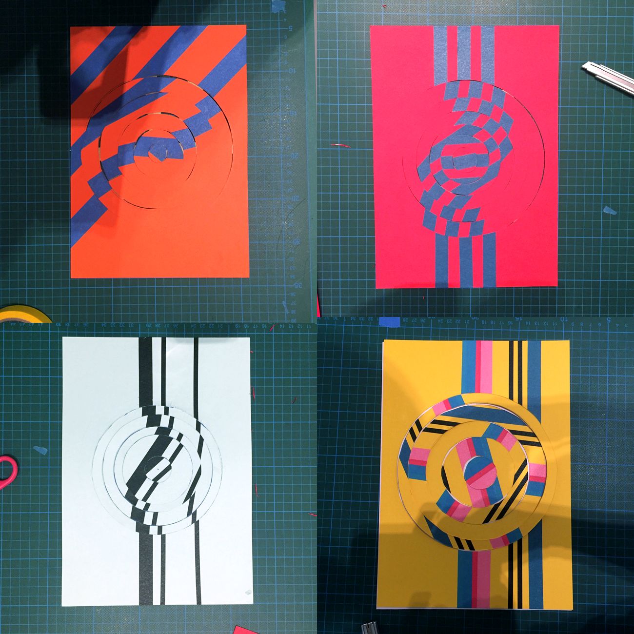 Kreative Designs in leuchtenden Farben mit gestreiften Mustern und ausgeschnittenen Formen auf Papier.
