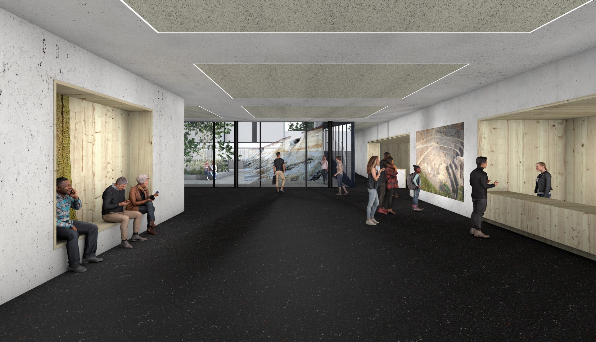 Moderne Empfangshalle mit Sitzbereichen, großen Fenstern und Besuchern im zeitgenössischen Design.