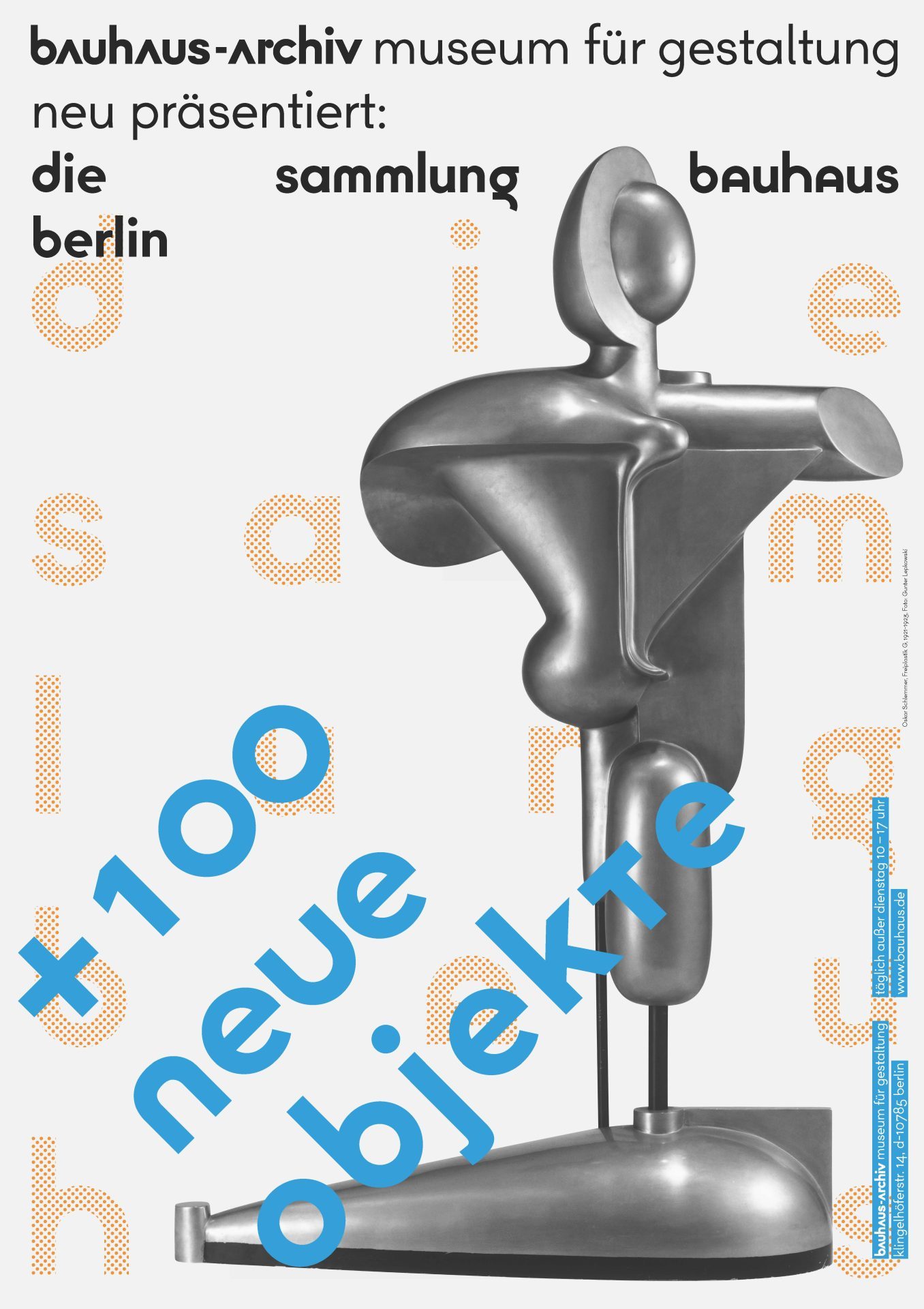 Poster of the Bauhaus Archive featuring an infographic about new objects and a stylized sculpture.
