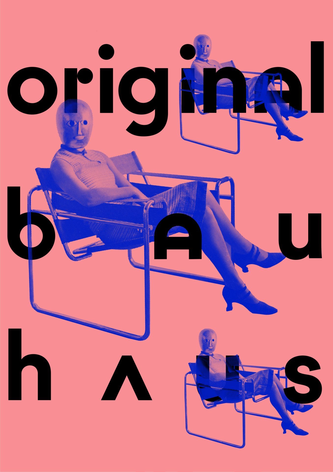 Kunstvolle Grafik im Bauhaus-Stil, mit einer stilisierten Figur und markanten Schriftzügen.