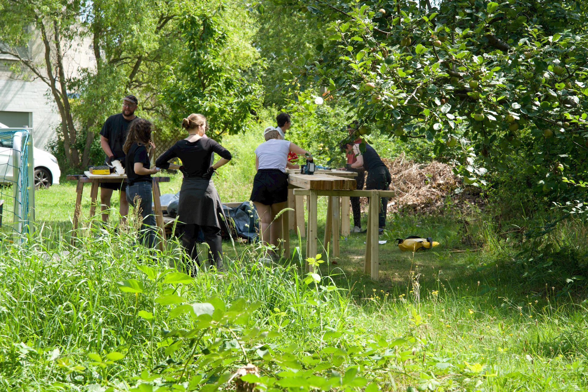 A group of people works at wooden tables outdoors, surrounded by greenery and trees on a sunny day.