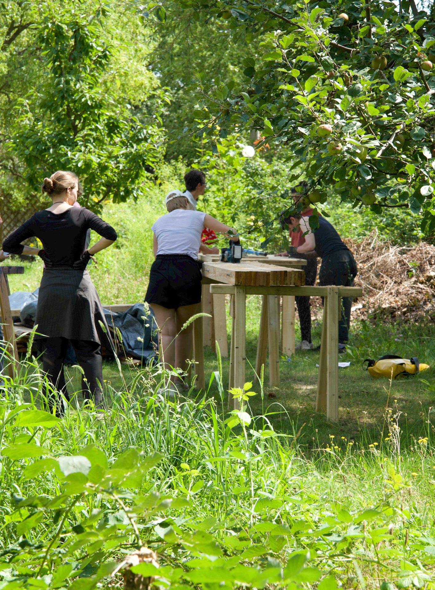 Gruppe von Personen arbeitet an Holztischen im Freien, umgeben von Bäumen und Grün, an einem sonnigen Tag.