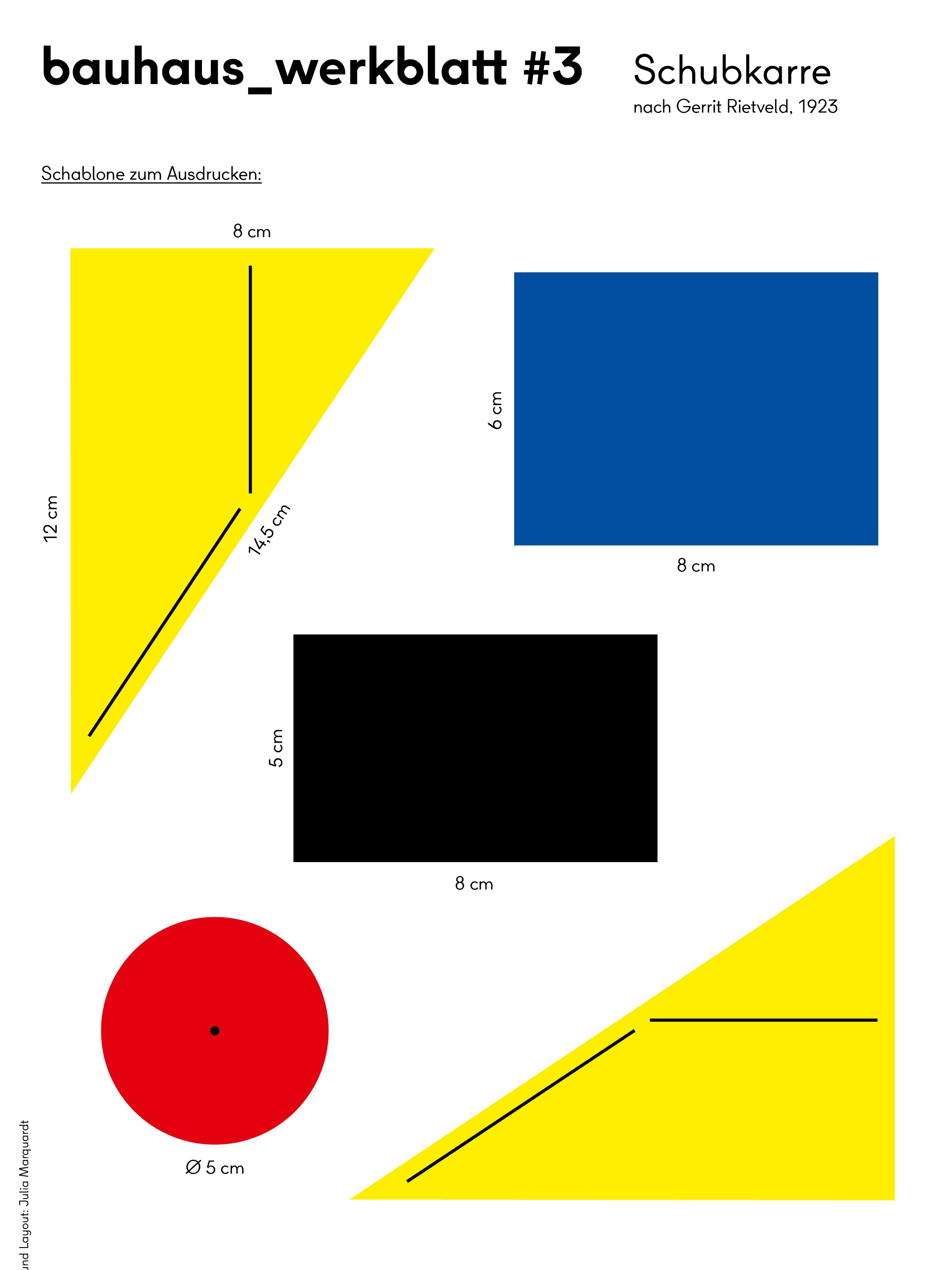 Bauhaus-Arbeitsblatt mit geometrischen Formen und Maßen zum Ausdrucken, inspiriert von Gerrit Rietveld (1923).