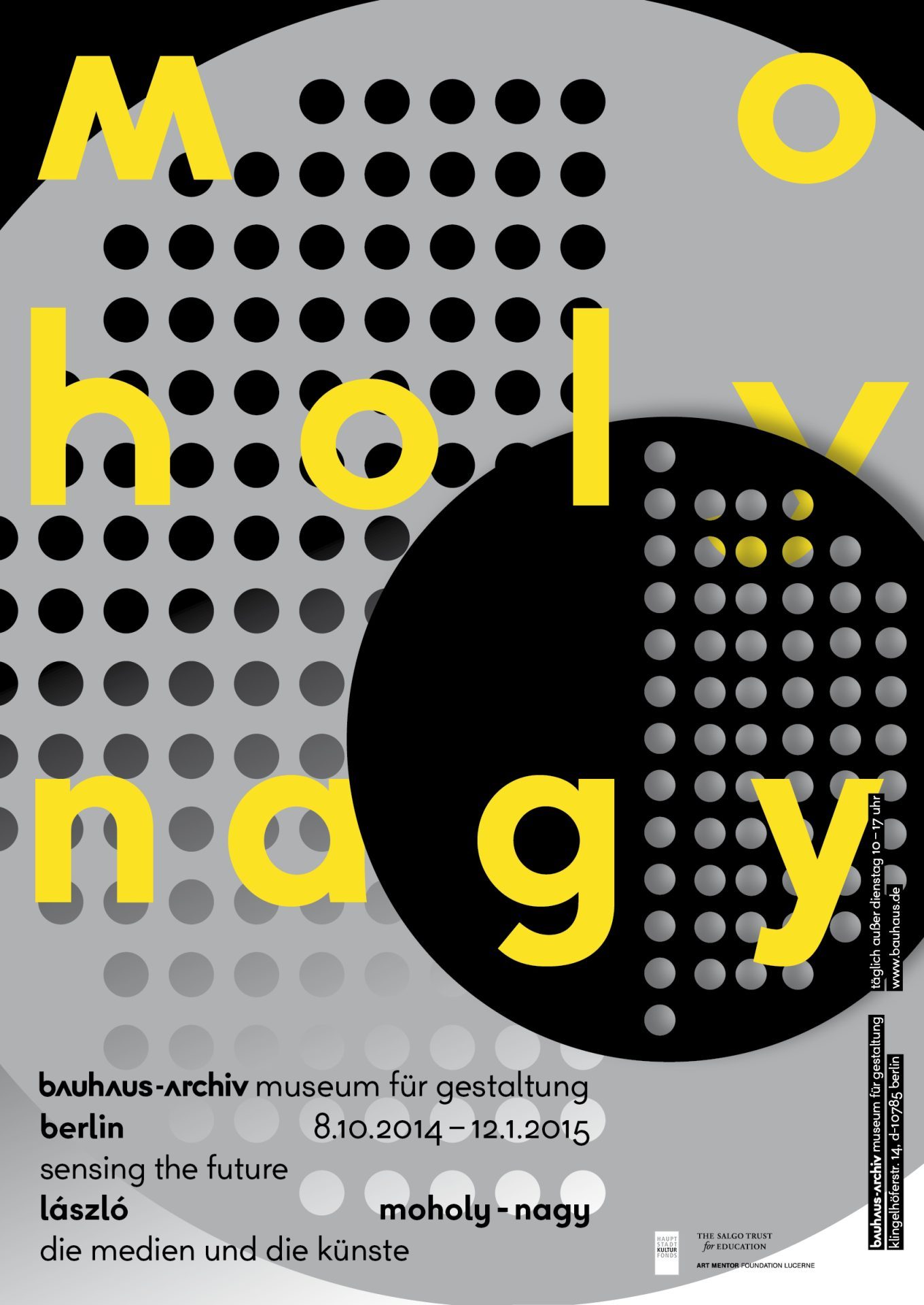 Plakat für die Ausstellung "Moholy-Nagy" im Bauhaus-Archiv Berlin, 2014-2015, mit grafischen Elementen und typografischem Design.