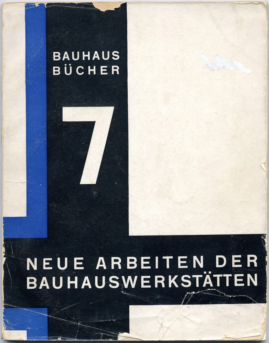 Cover of the book "New Works of the Bauhaus Workshops," No. 7, featuring geometric design in black, white, and blue.