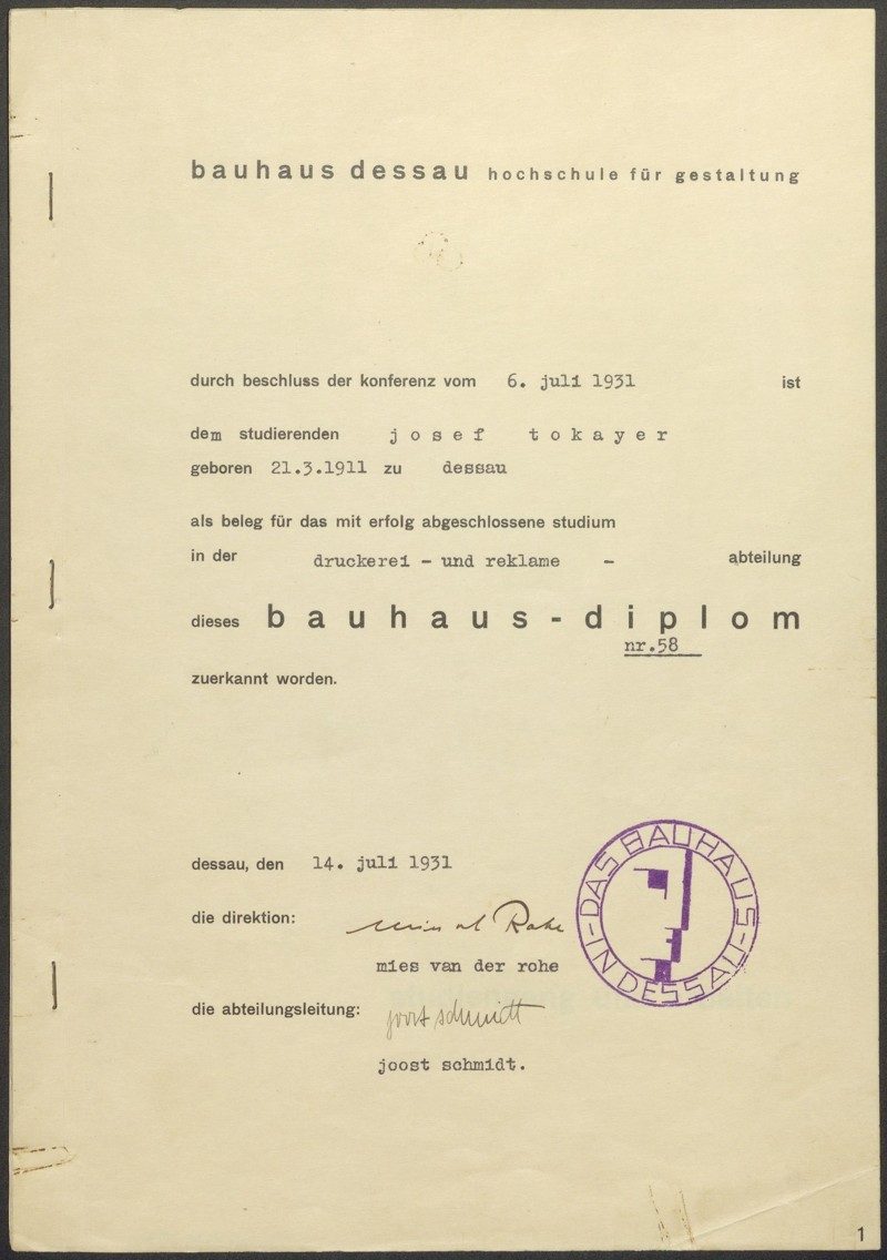 Bauhaus-Diplom von Josef Tokayer, ausgestellt am 14. Juli 1931, nach Abschluss seines Studiums in Druck und Reklame.