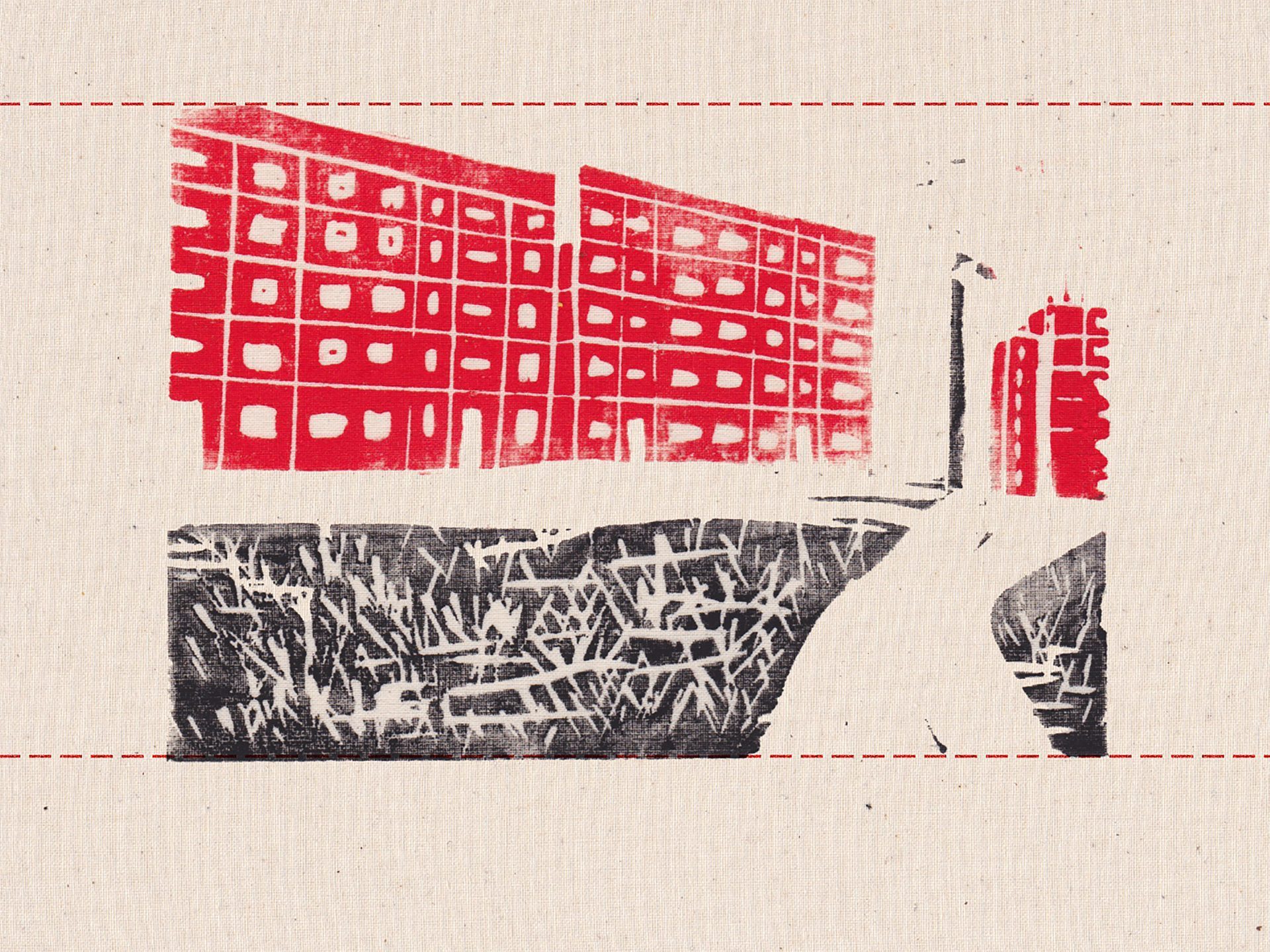 Abstrakte Druckgrafik mit roten Gebäuden und einem Weg in einer schwarz-weißen Umgebung.