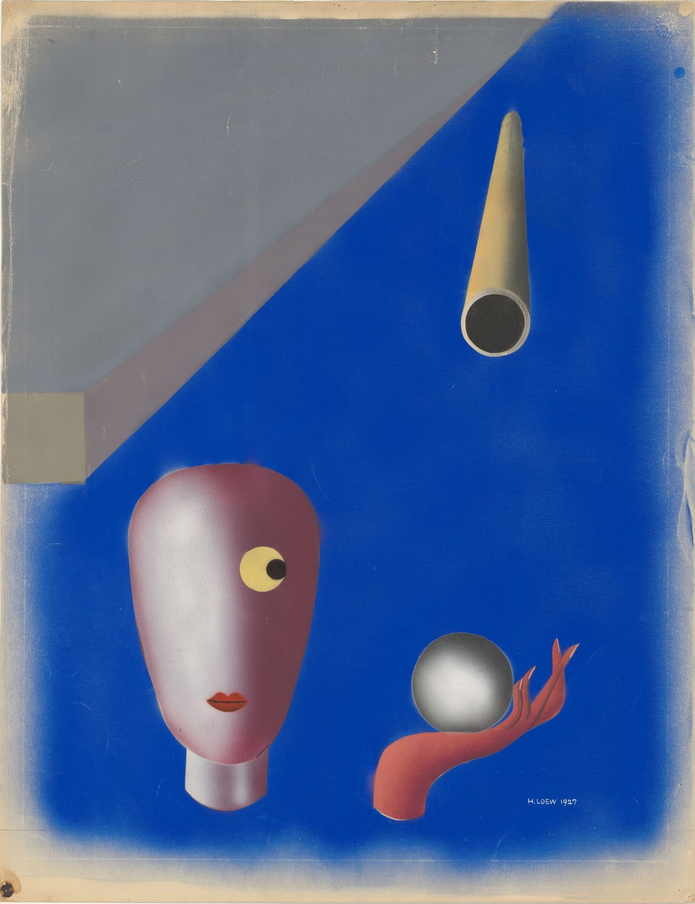 Abstrakte Komposition mit Kopf, Hand und Kugel vor blauem Hintergrund und geometrischen Formen.