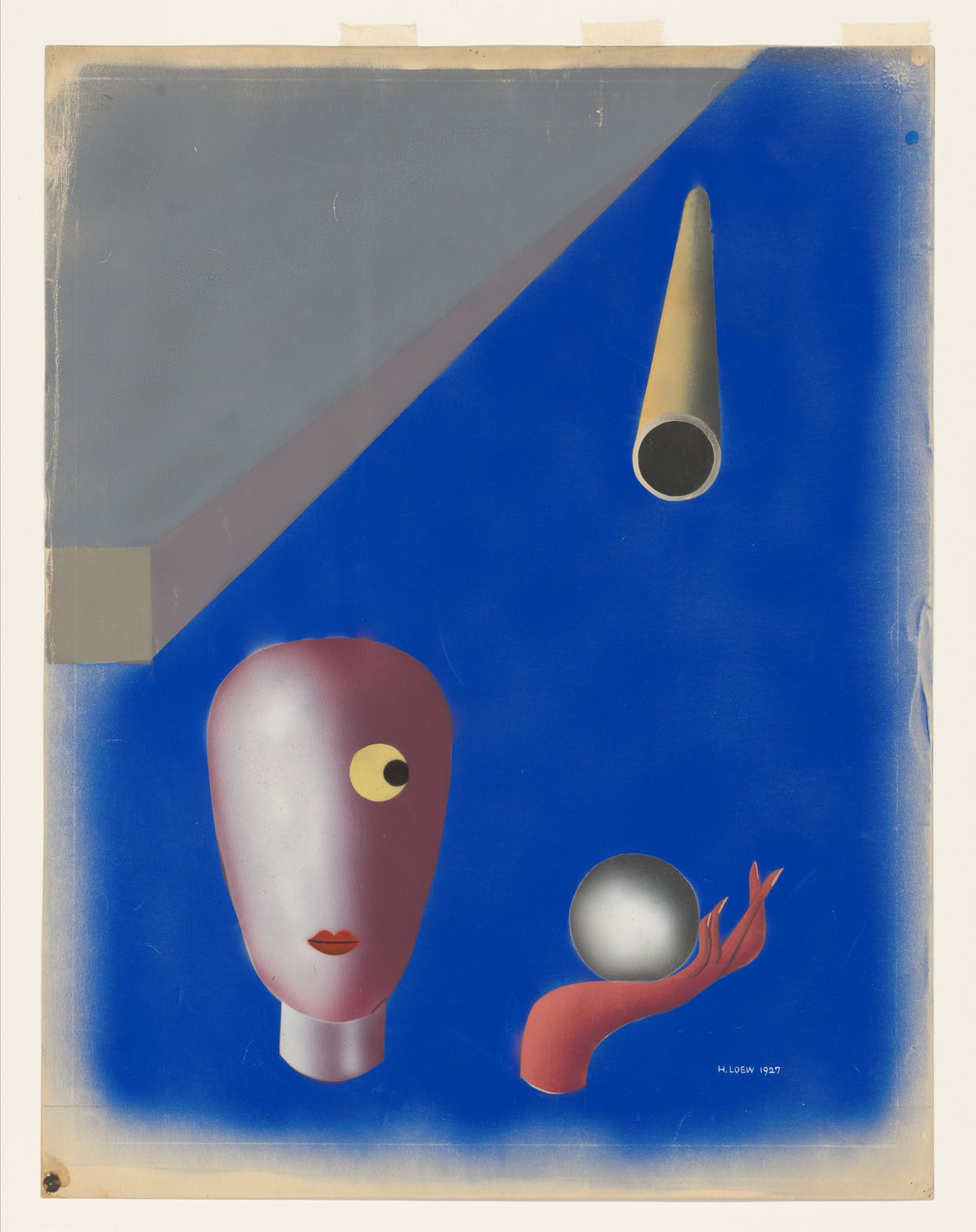 Abstract composition featuring a head, a hand, and a sphere against a blue background with geometric shapes.