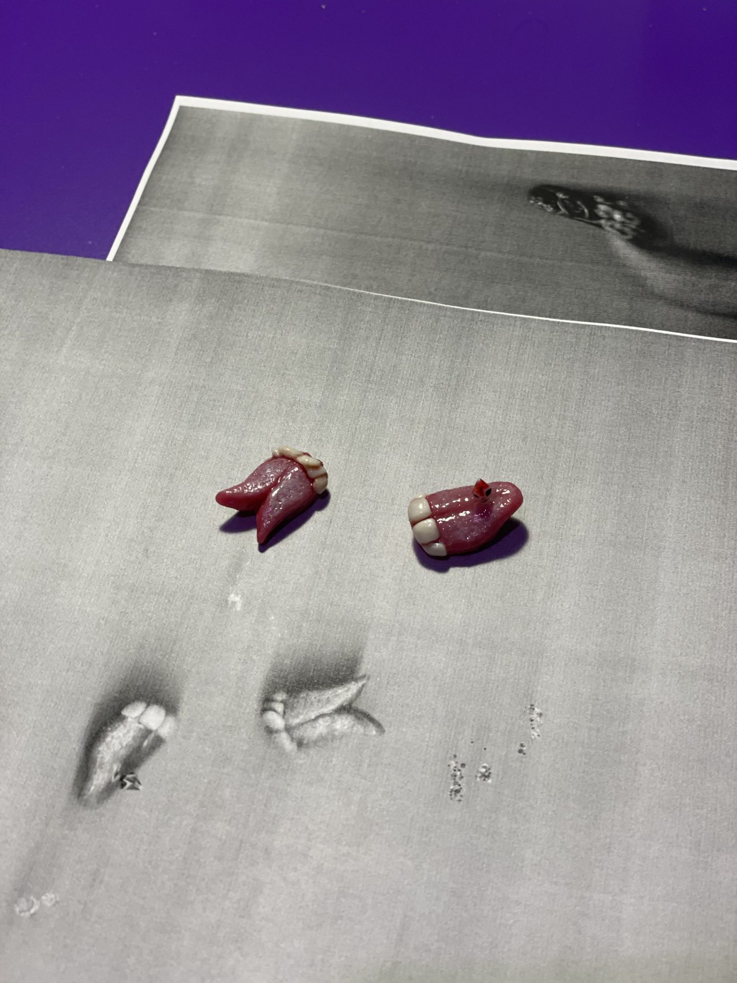 Zwei rote Zahnmodelle liegen auf einer schwarz-weißen Fotografie von Abdrücken.