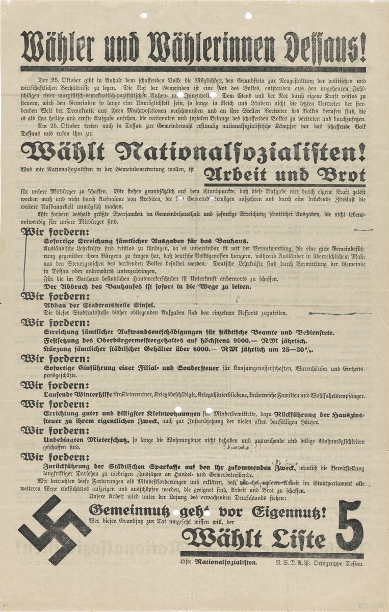 Nazi election appeal with demands for work, construction, and social issues in Defans.