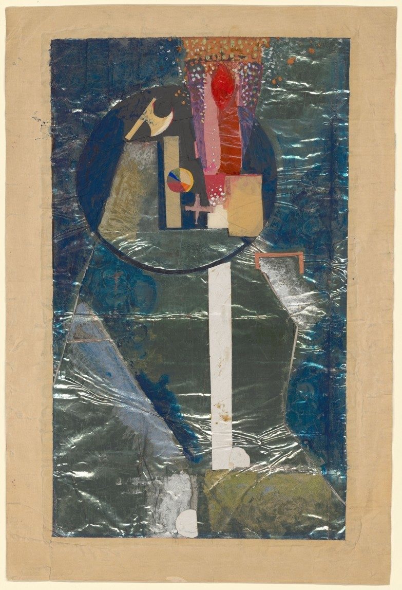 Abstract collage with colorful shapes, textures, and layers in blue, red, and earth tones on paper.