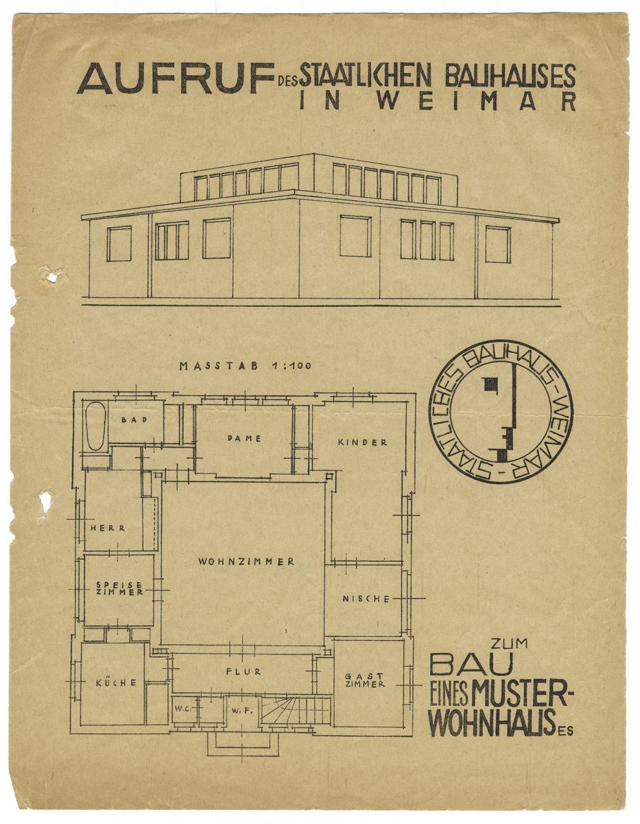 Architectural design of a model house from the Bauhaus in Weimar, featuring floor plan and facade representation.