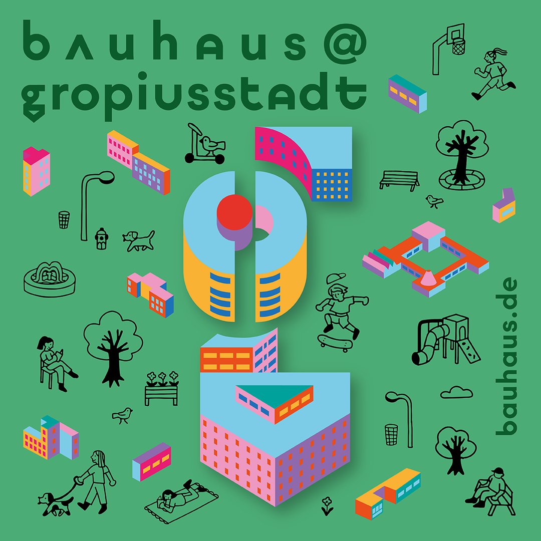 Colorful graphic design featuring buildings, people, and activities inspired by the Bauhaus movement in Gropiusstadt.