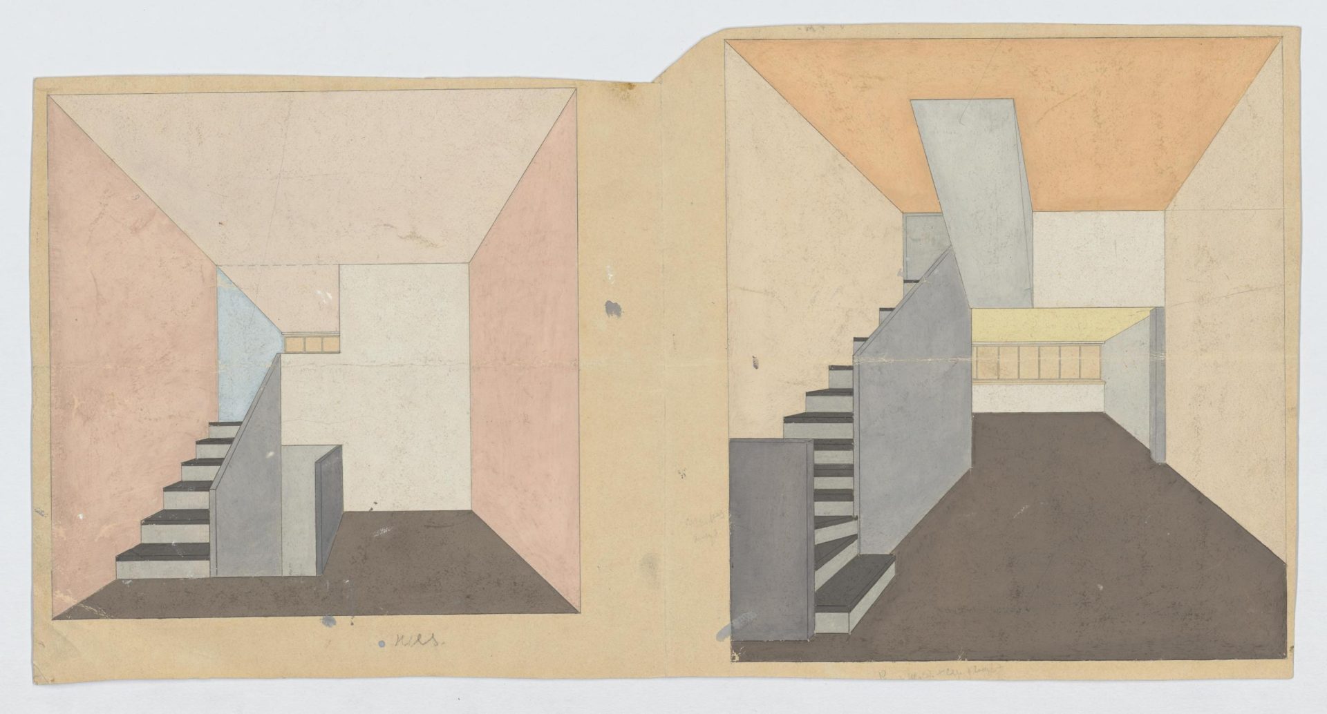 Geometrische Innenansichten mit Treppen und pastellfarbenen Wänden, symmetrisch angeordnet.
