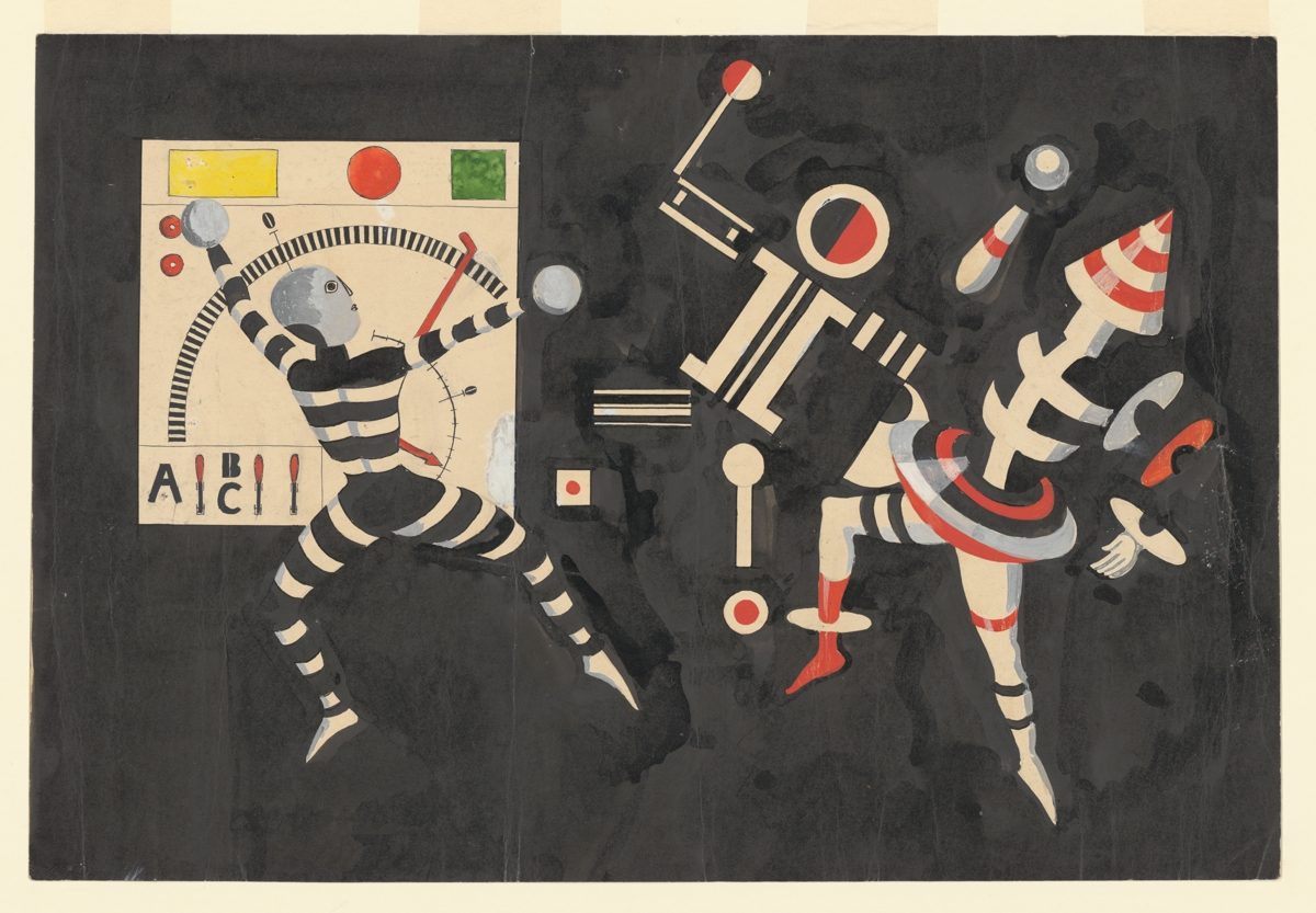 Abstrakte Illustration mit stilisierten Figuren, die in Streifen mit geometrischen Formen und Farben interagieren.