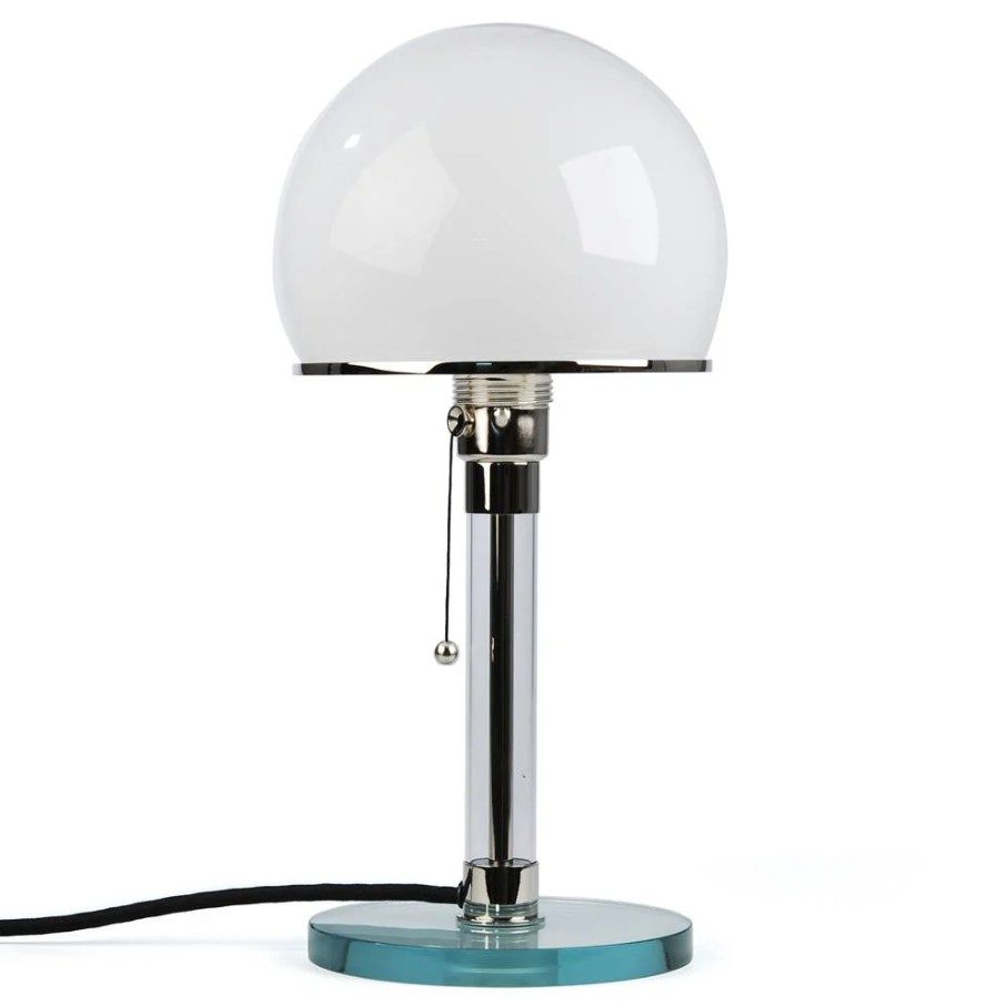 Moderne Tischlampe mit runder Glaskugel, verchromtem Stahlfuß und transparentem Sockel. Perfekt für stilvolle Beleuchtung.