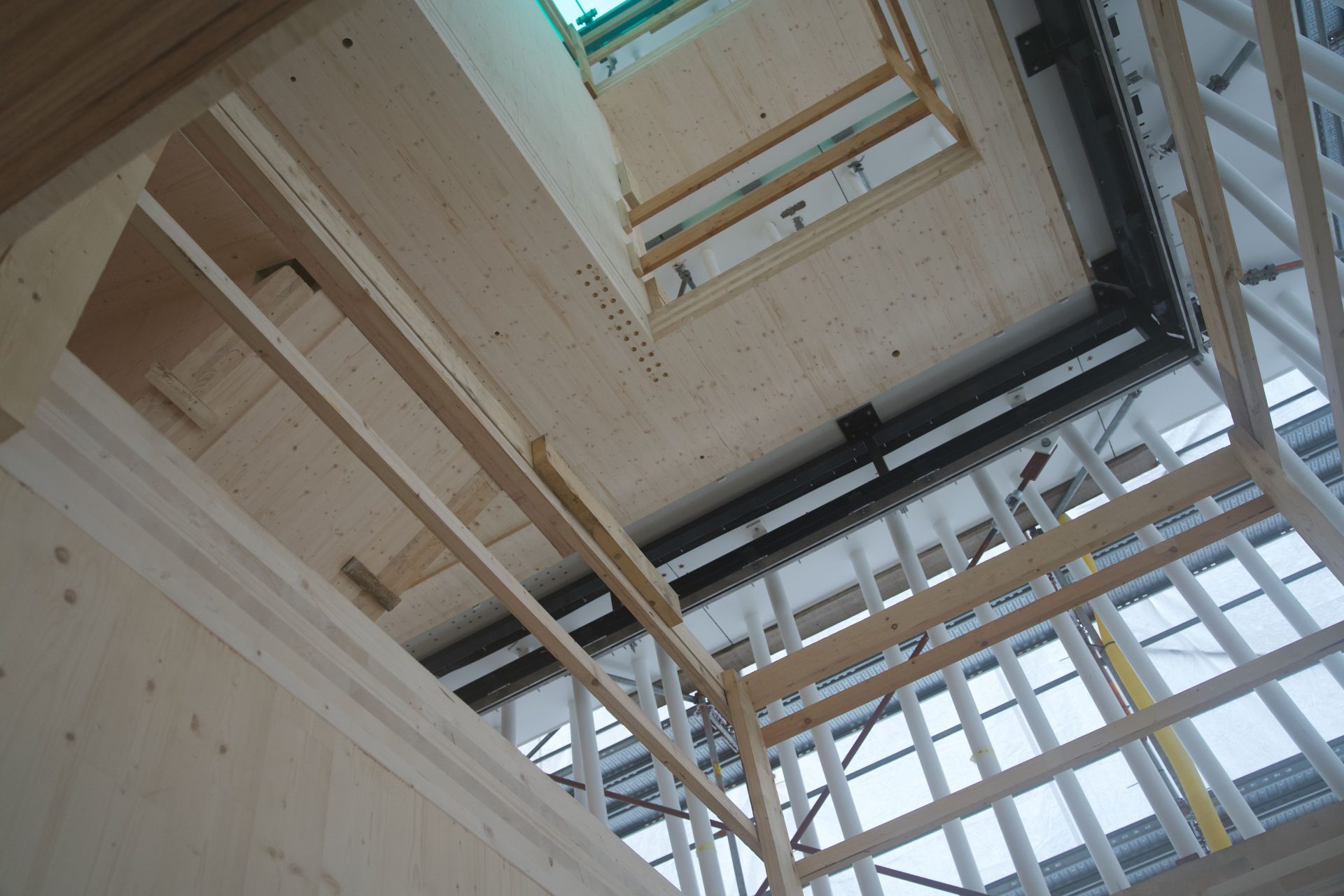 Blick von unten auf eine Holzstruktur mit Balken und Deckenplatten eines Bauprojekts.