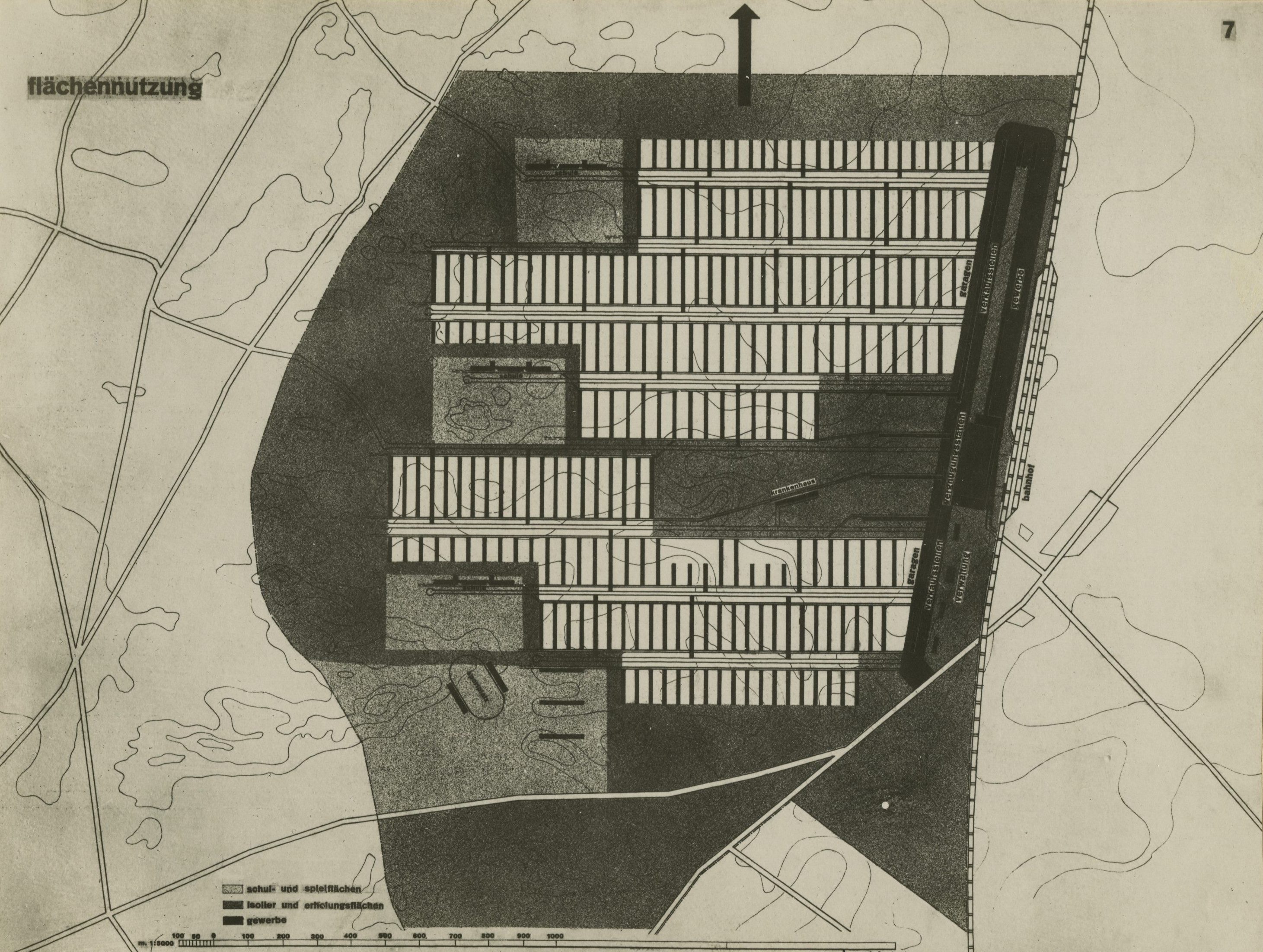 Stadtplan mit Flächennutzung, zeigt monochrome Gebäudeanordnung und Verkehrswege.