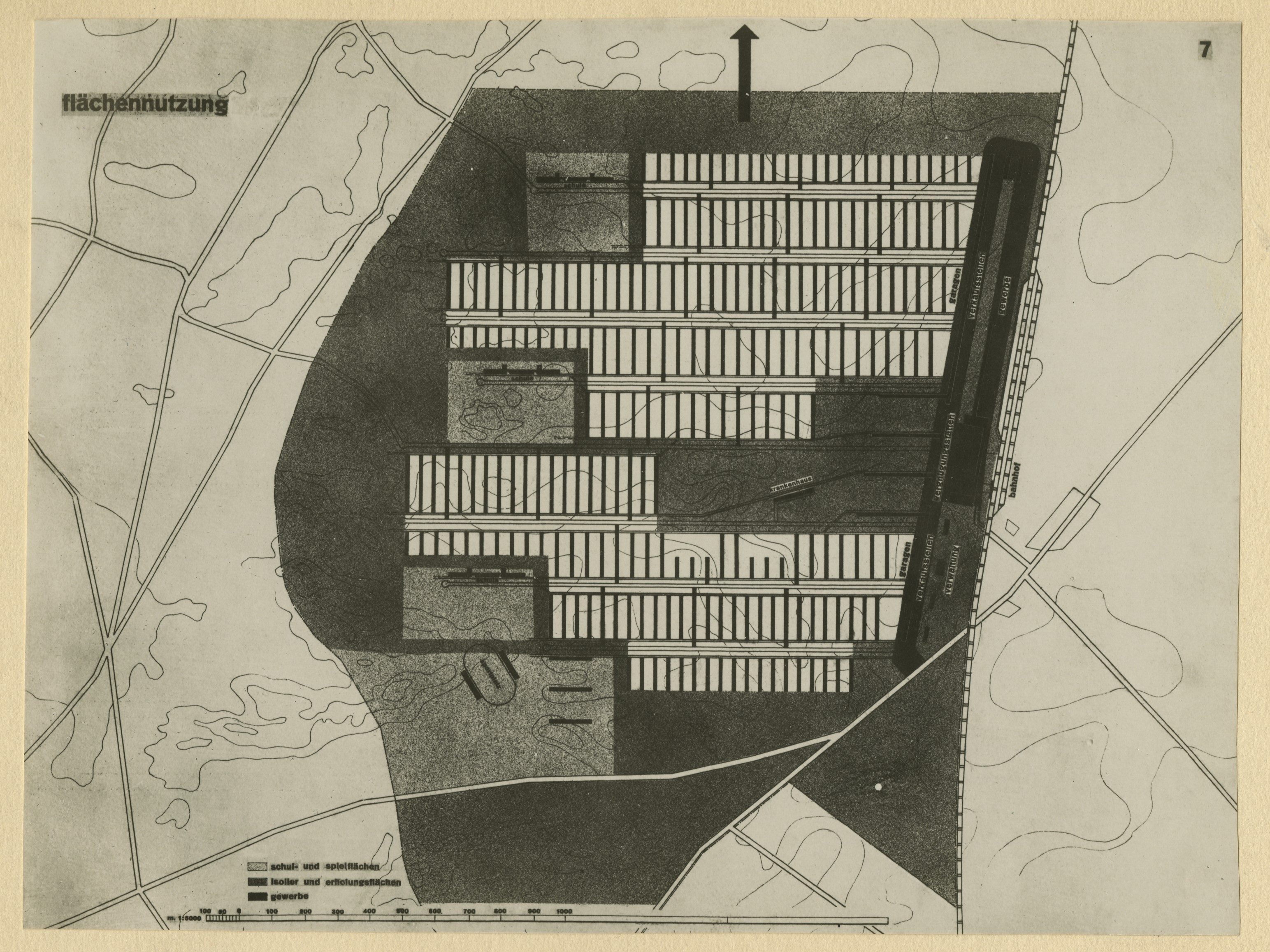 City map with land use, showing building arrangement and traffic routes in monochrome design.