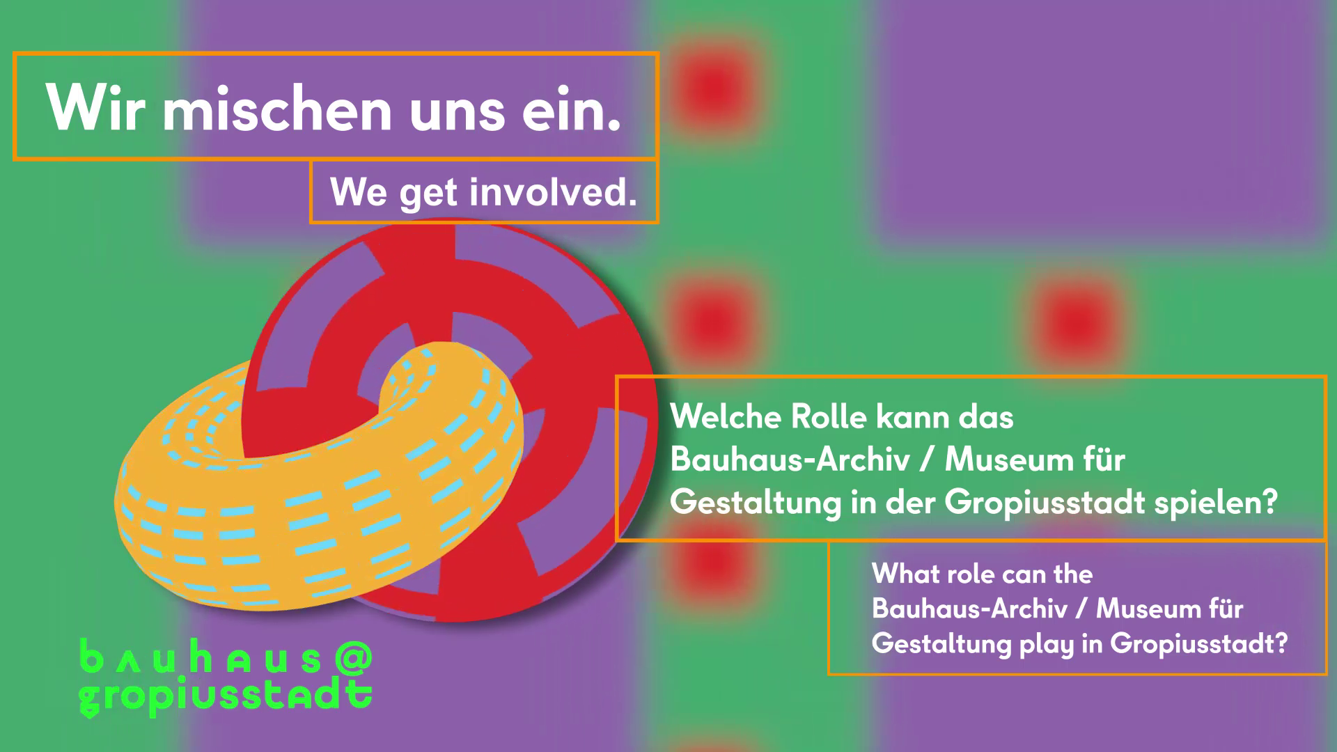 Grafik mit bunten Formen und Texten zum Bauhaus-Archiv und seiner Rolle in der Gropiusstadt.